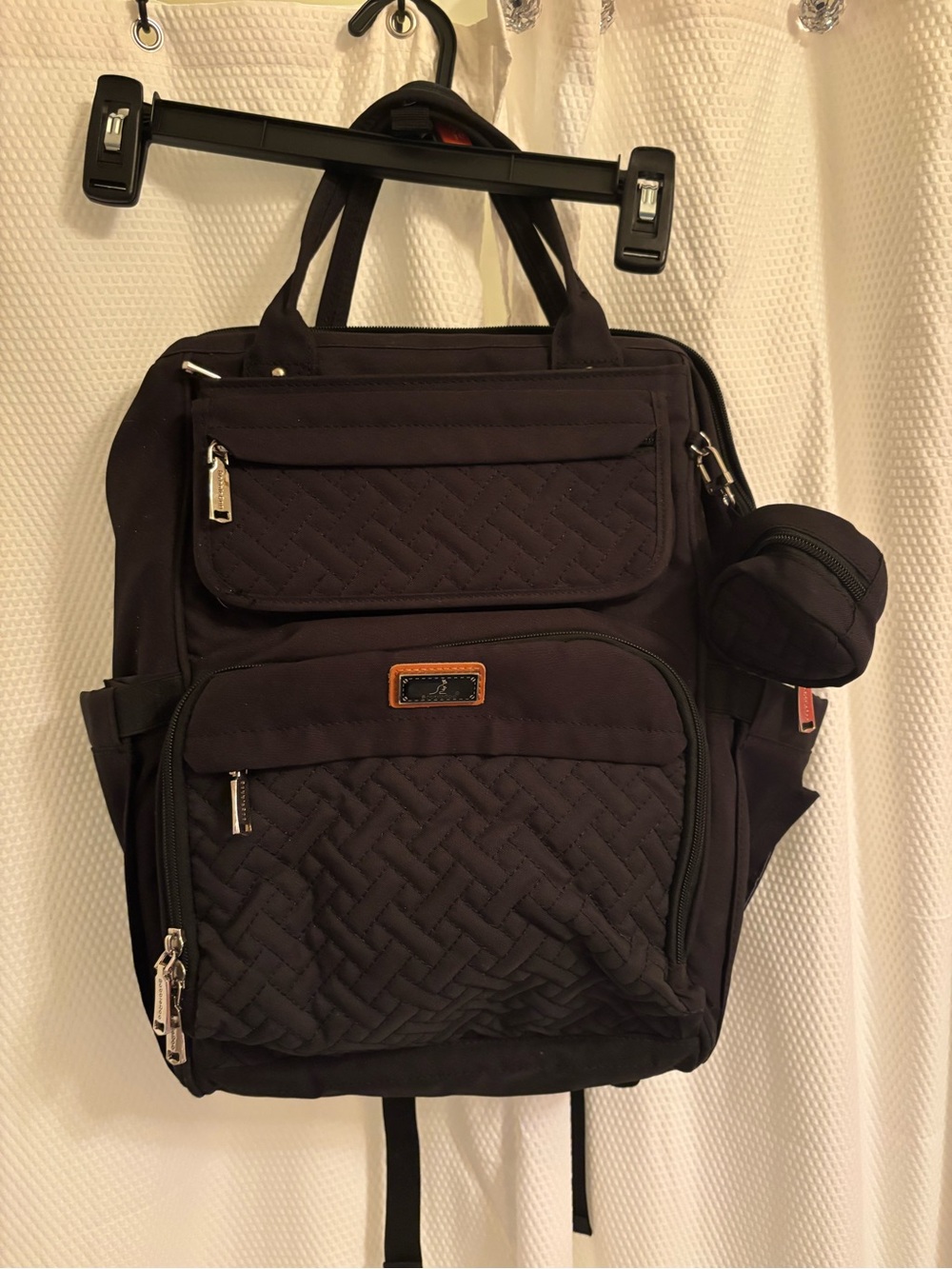 Quilted Black Baby Backpack Diaper Bag with Detachable Pouch
